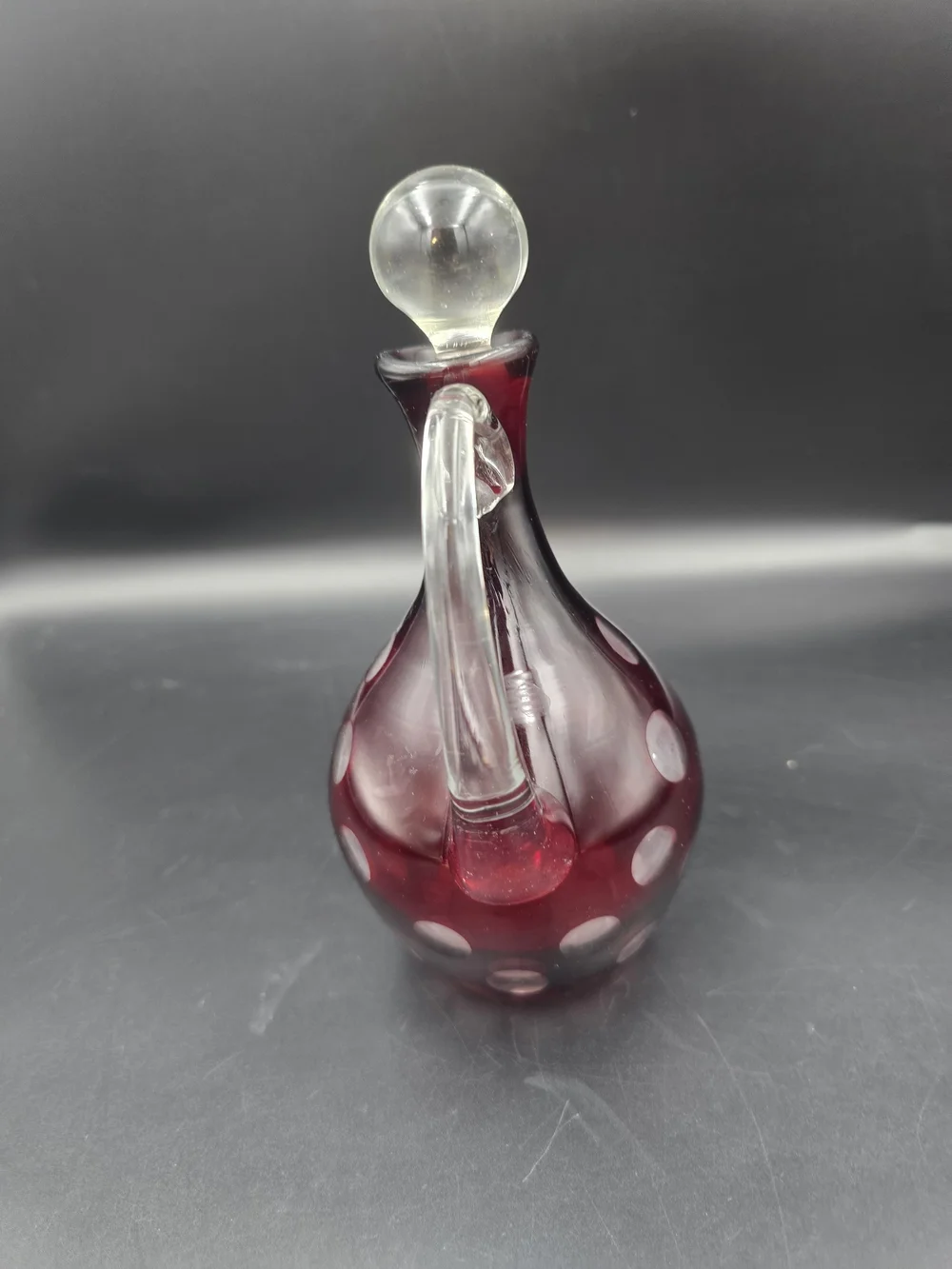 Handcrafted Ruby Red Polka Dot Glass Cruet with Clear Handle and Stopper